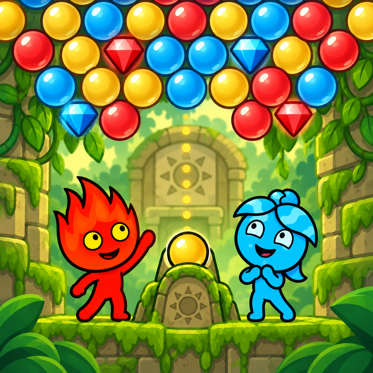 Fireboy and Watergirl rescuing crystals with colourful bubbles